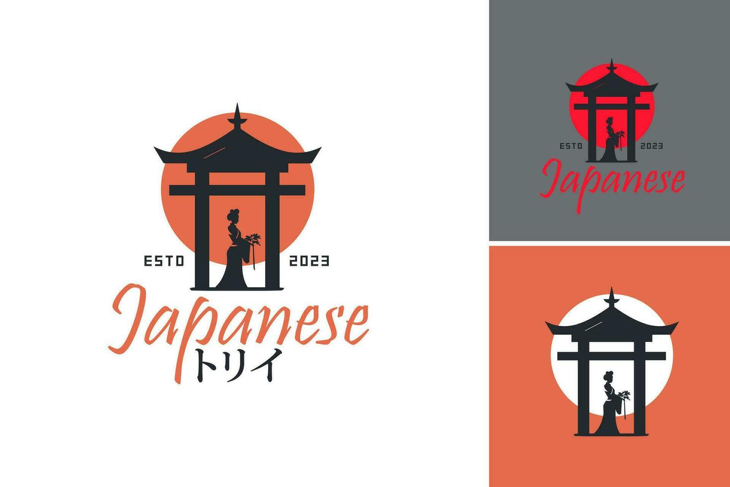 A traditional Japanese-inspired design featuring a woman in a kimono dress standing gracefully in front of a majestic pagoda. Ideal for cultural, travel, or fashion-related projects. vector