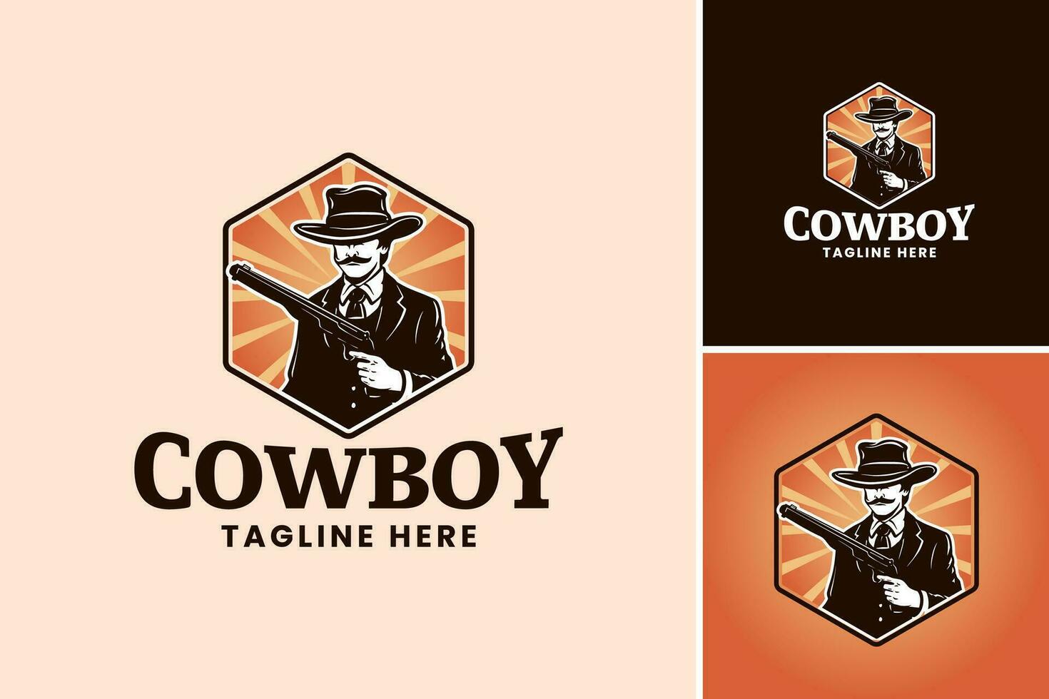 Cowboy Logo Template with Gun and Sunburst is a versatile design asset perfect for creating cowboy-themed logos, particularly for businesses in the Western or firearms industry. vector