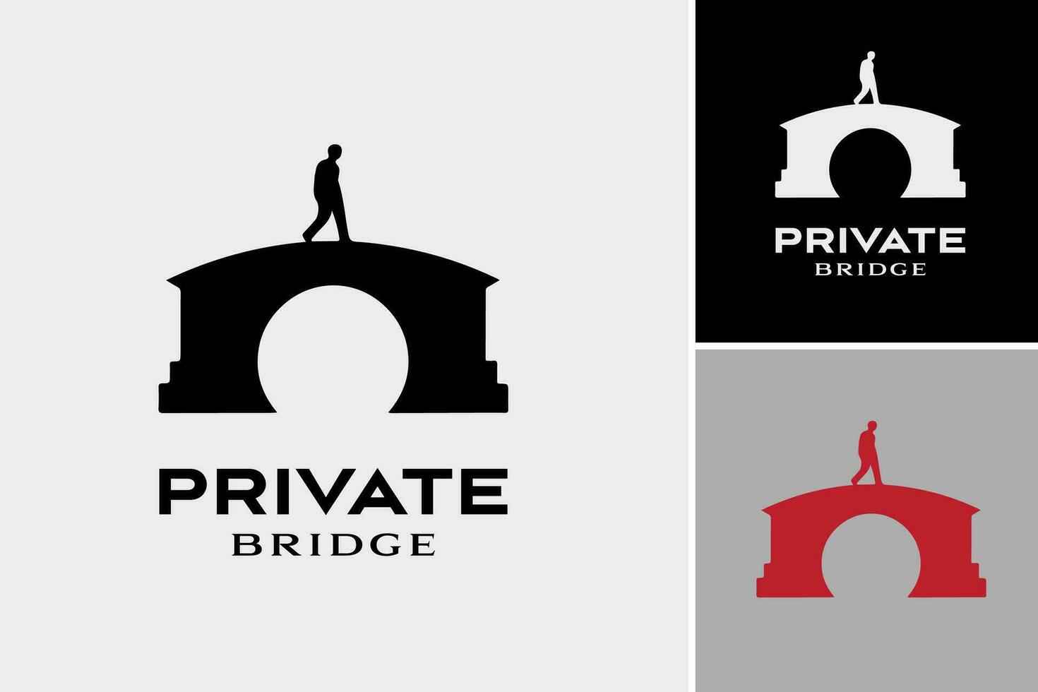 A monochromatic logo featuring a silhouette of a man walking over a bridge. Ideal for businesses related to travel, adventure, or personal development. vector