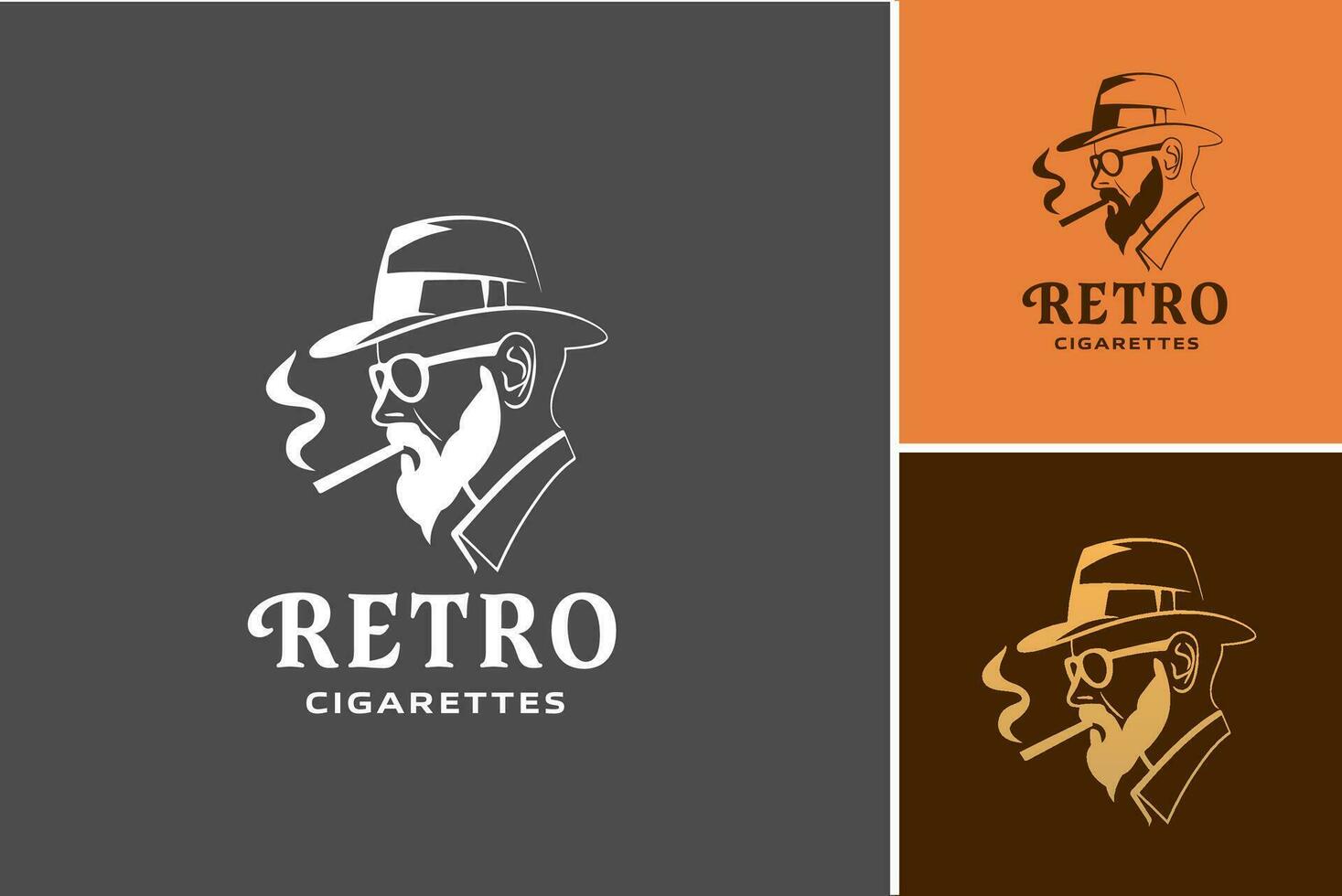 Retro Cigarettes logo featuring a stylish man in a hat and glasses. Suitable for branding, fashion labels, or any businesses aiming for a vintage aesthetic. vector