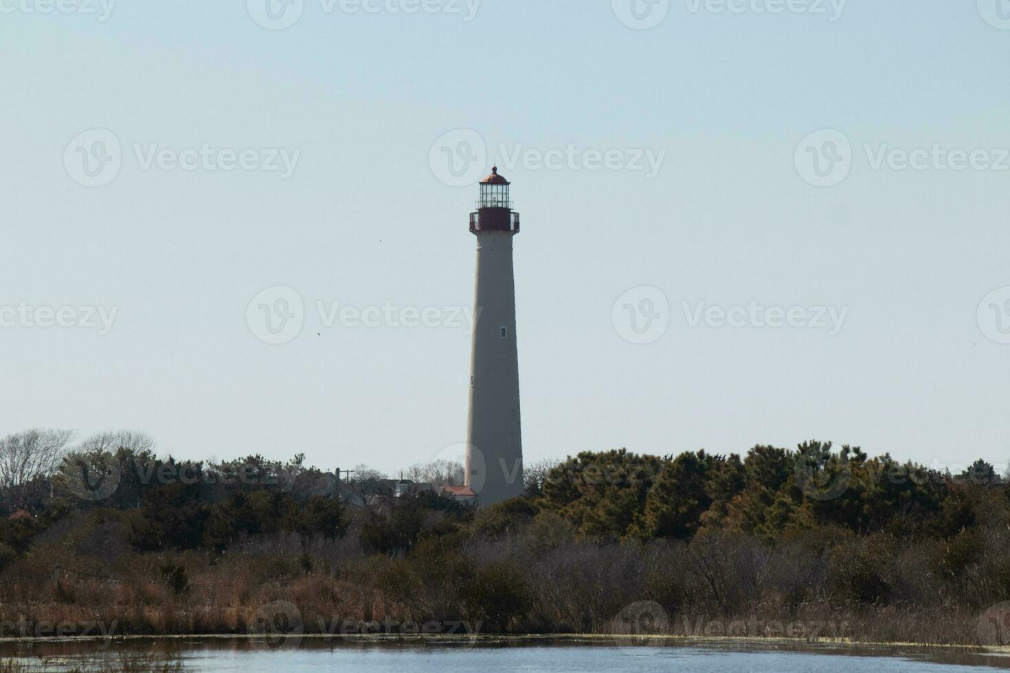 This is the look of the Cape May point lighthouse from the birdwatching nature preserve close by. I love the look of the pond in this landscape picture and the brown look of all the foliage. photo