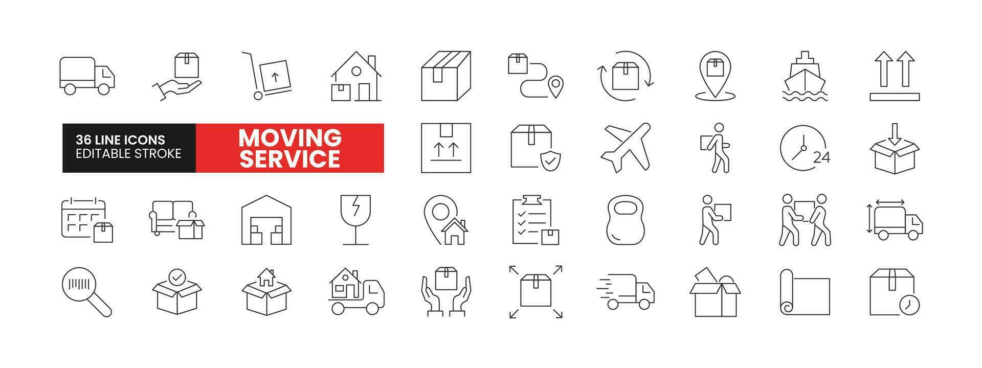 Set of 36 Moving Service line icons set. Moving Service outline icons with editable stroke collection. Includes Courier, Shipping, Home Shifting, Fast Delivery, Loading and More. vector