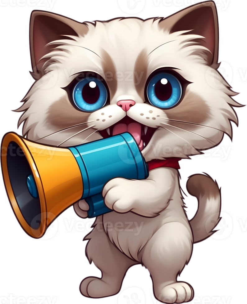 cartoon cat with megaphone on transparent background ai generative png