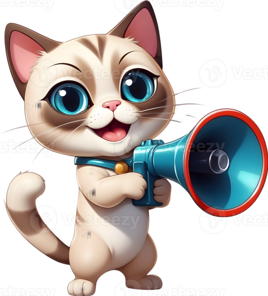 cartoon cat with megaphone on transparent background ai generative png