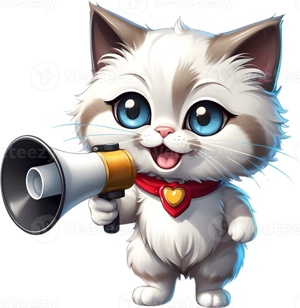 cartoon cat with megaphone on transparent background ai generative png