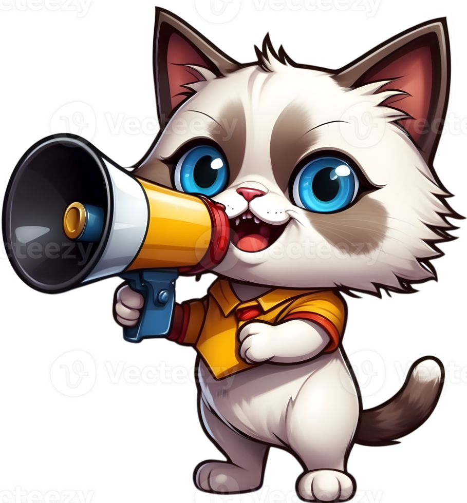 cartoon cat with megaphone on transparent background ai generative png