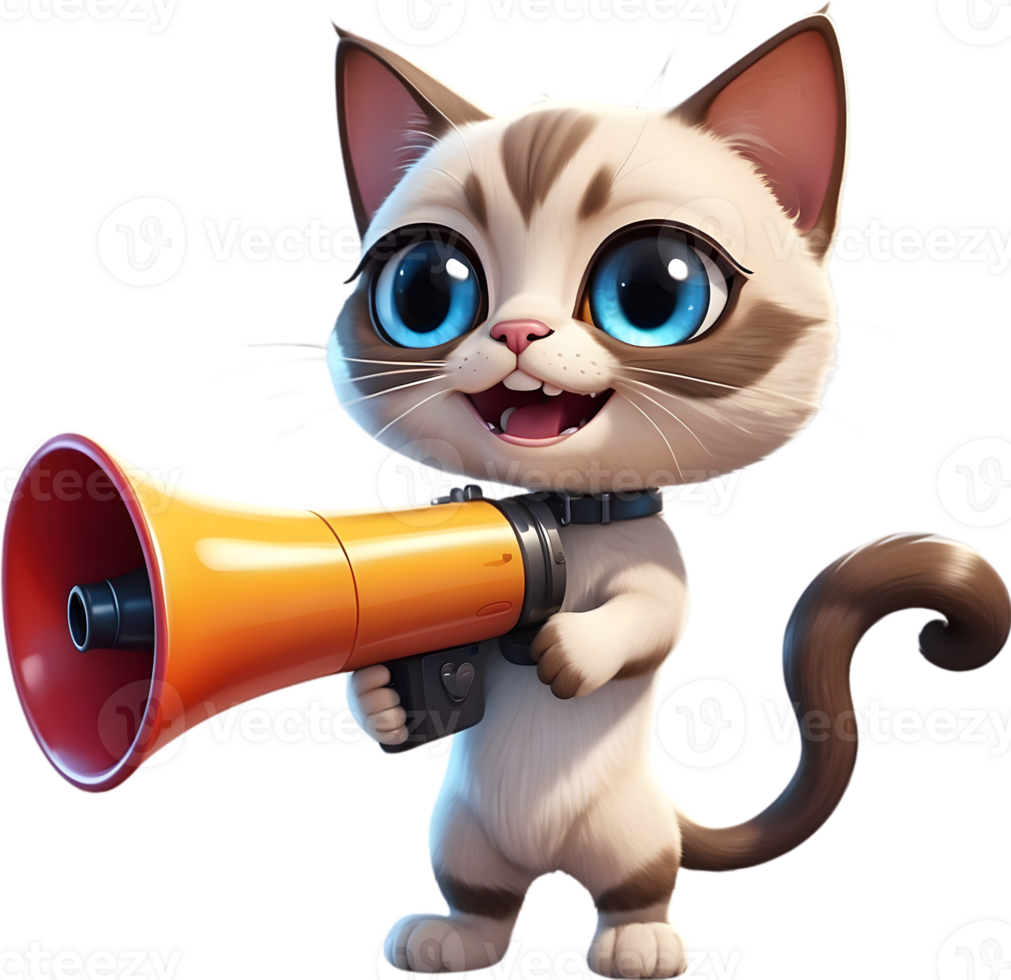 cartoon cat with megaphone on transparent background ai generative png