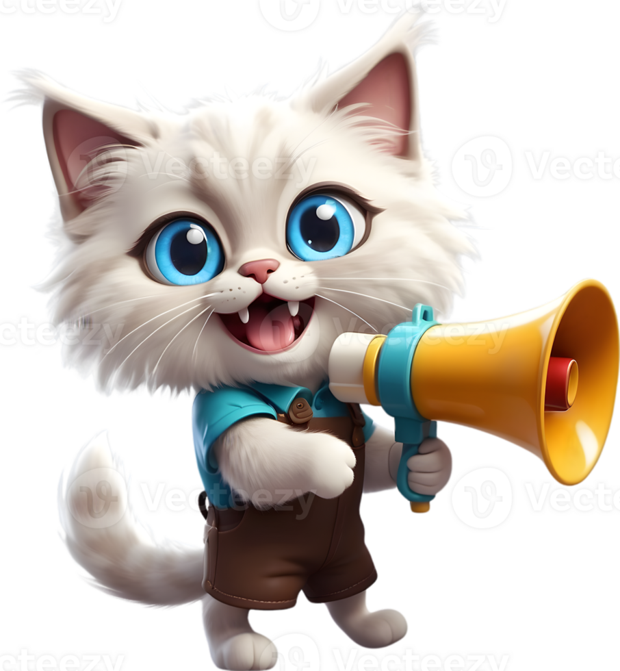 cartoon cat with megaphone on transparent background ai generative png
