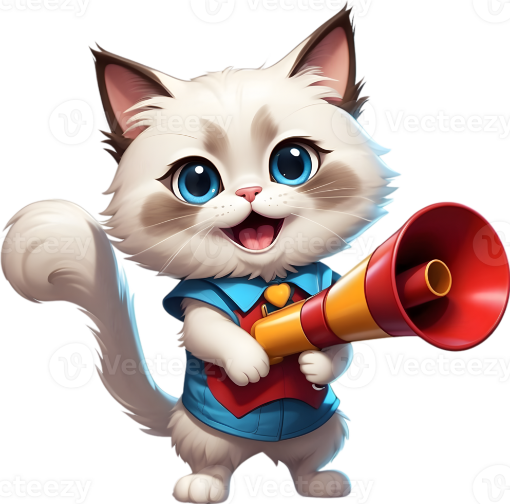 cartoon cat with megaphone on transparent background ai generative png