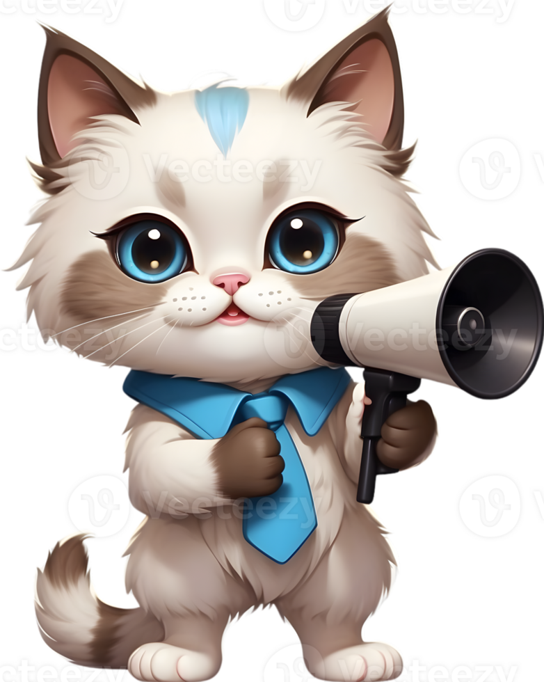 cartoon cat with megaphone on transparent background ai generative png