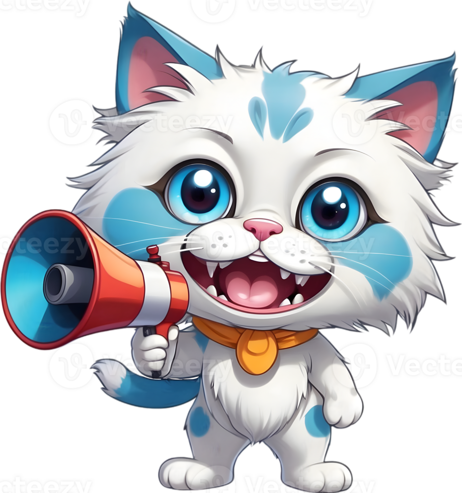 cartoon cat with megaphone on transparent background ai generative png
