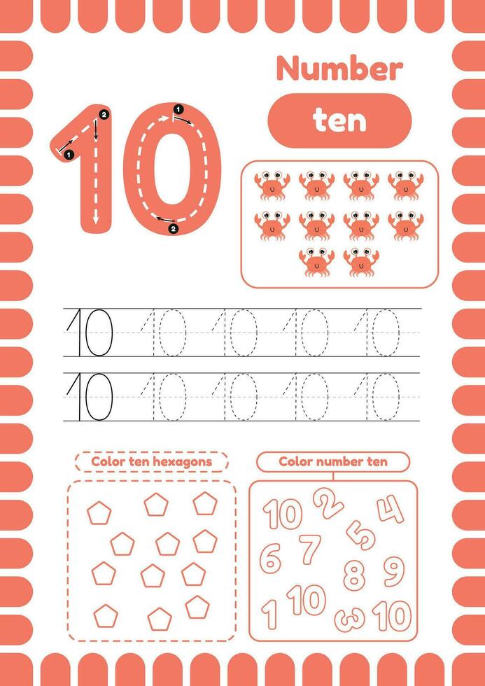 Activity page with Trace number ten.  Many exercises for kids, coloring figures vector
