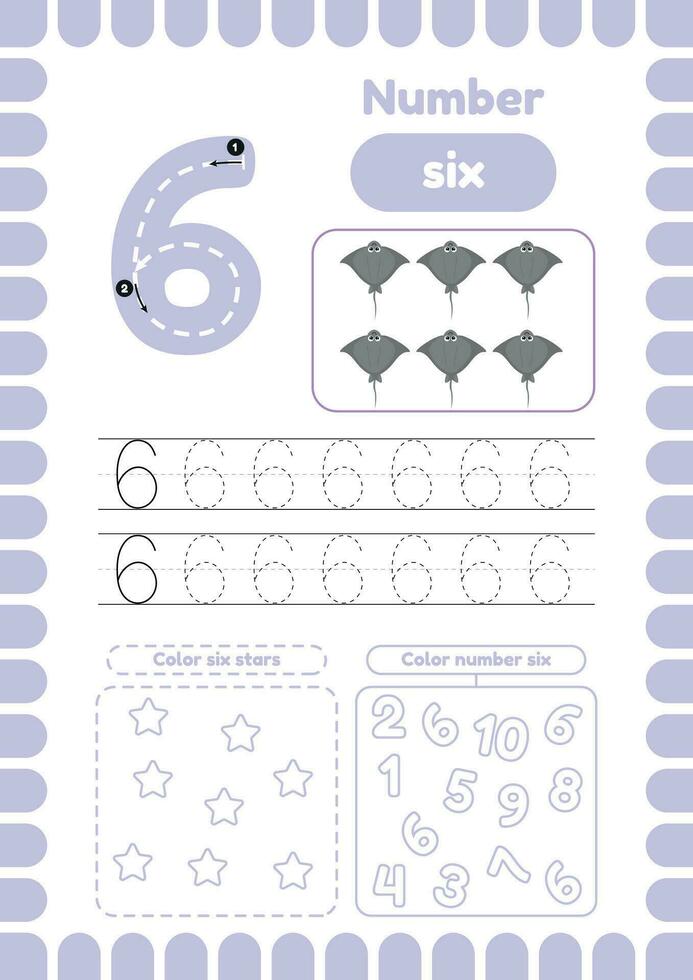 Trace number six. Activity page with many exercises for kids, coloring figures. Handwriting practice. vector