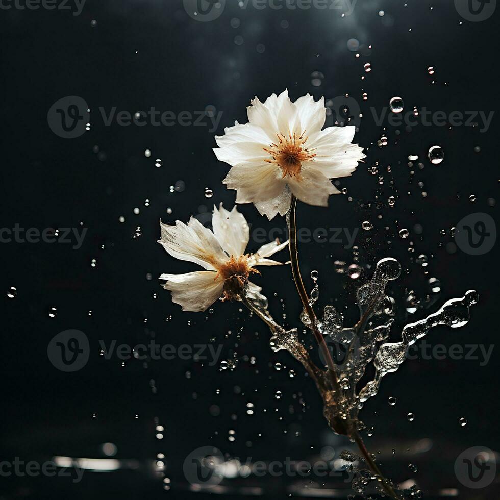 rama con blanco flores en salpicaduras de agua, aislado en un negro antecedentes. generativo ai foto