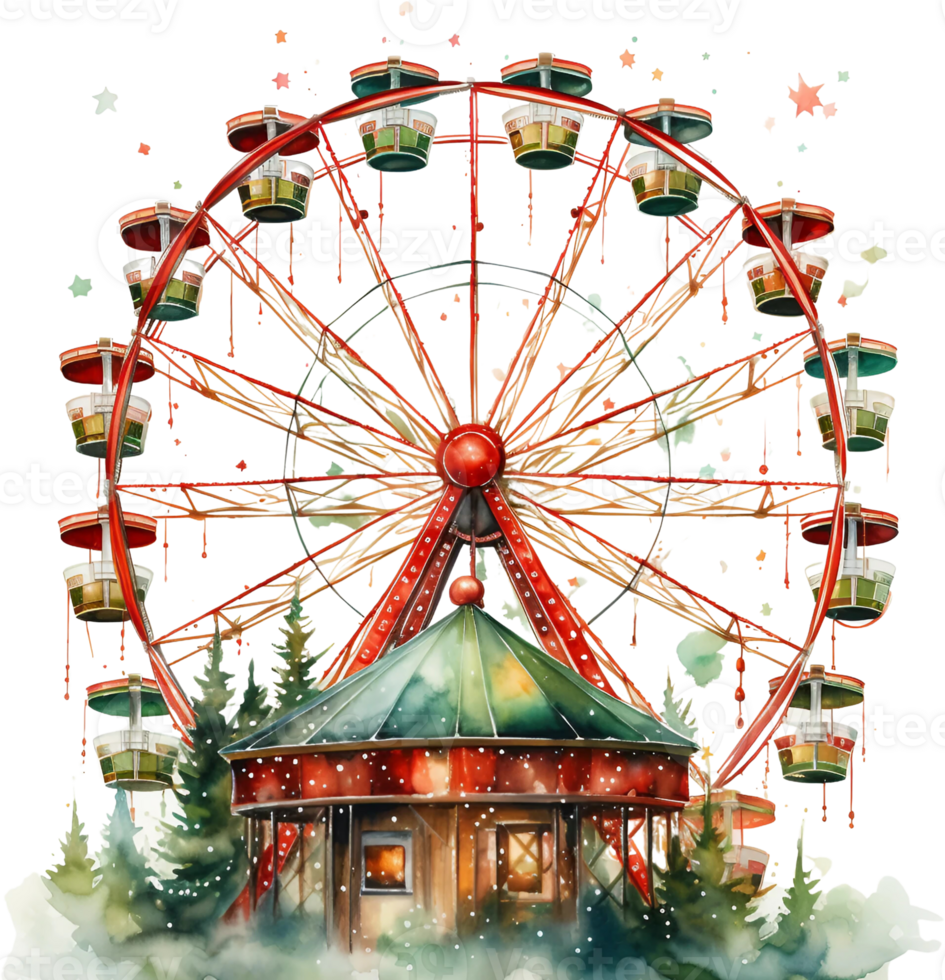 Ai Generated Watercolor Amusement Park Clipart Circus Carnival Attraction park Christmas Theme Vacation Kids Nursery Art Ferris wheel Fair Adventure Card Poster Stickers Planner png