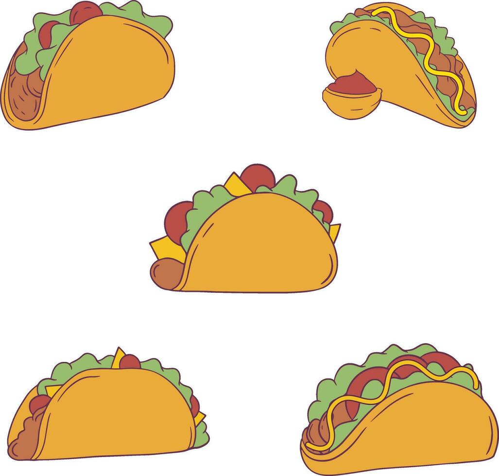 Tacos Food Illustration With Various Emoticon. Trendy Design. Vector Icon Set.