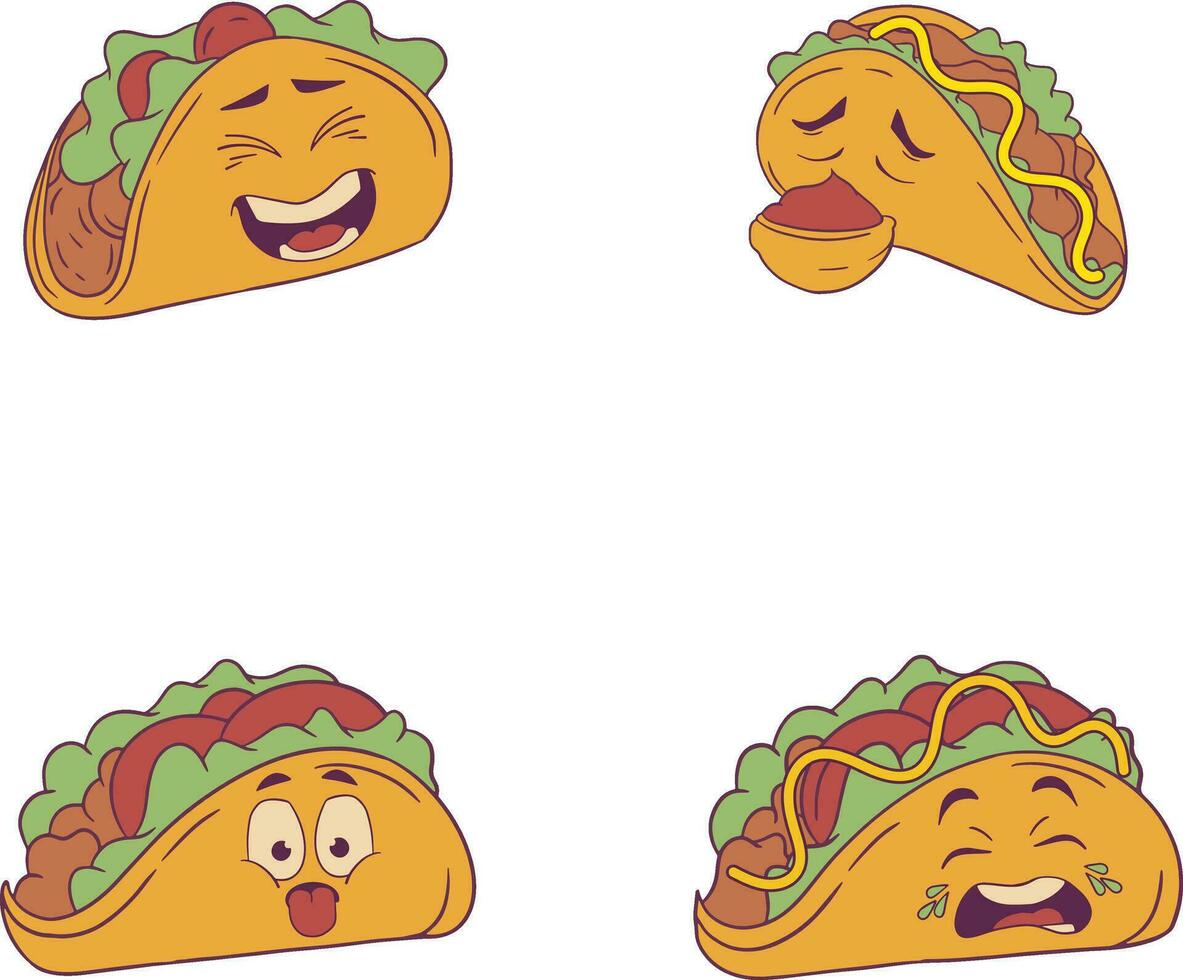 Tacos Food Illustration With Various Emoticon. Trendy Design. Vector Icon Set.