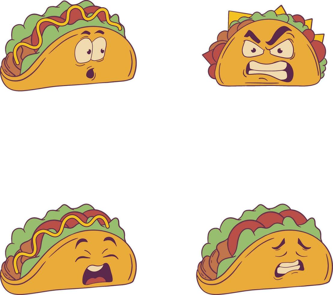 tacos comida ilustración con varios emoticono de moda diseño. vector icono colocar.