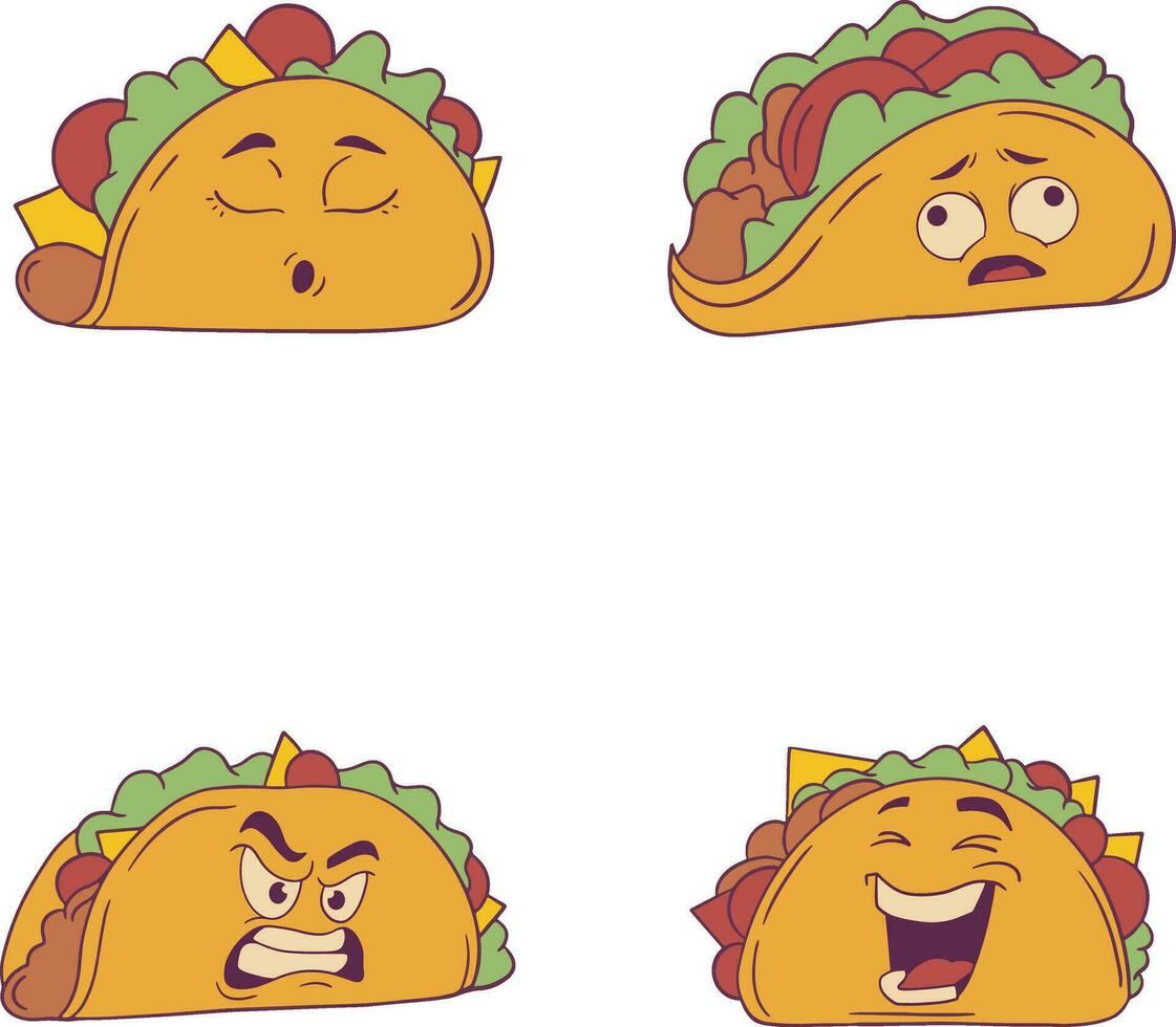 Tacos Food Illustration With Various Emoticon. Trendy Design. Vector Icon Set.