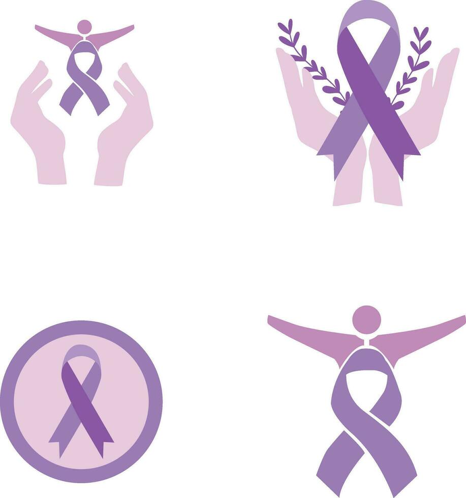 Collection of World Cancer Free Day. With Hand, Ribbon and Heart. Isolated Vector Icon.