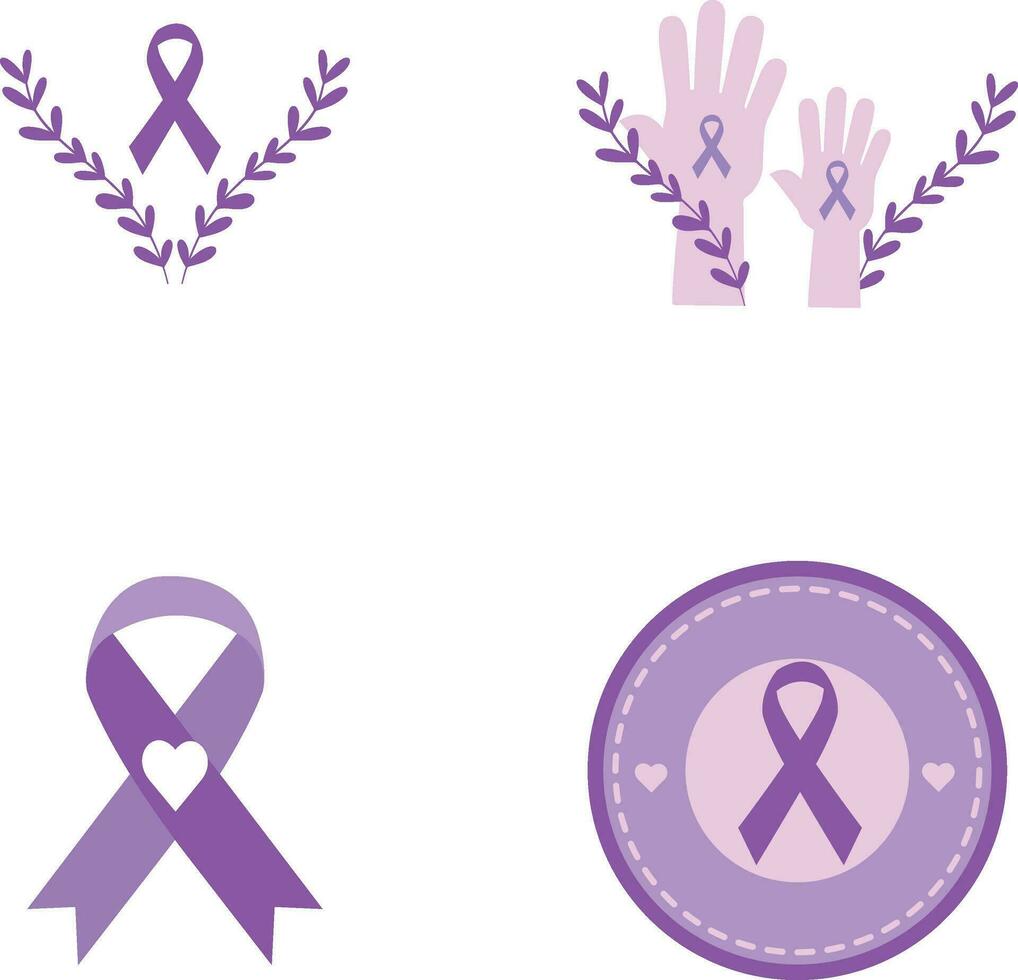 Collection of World Cancer Free Day. With Hand, Ribbon and Heart. Isolated Vector Icon.