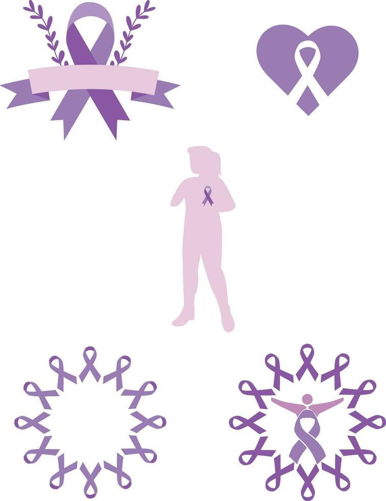 Collection of World Cancer Free Day. With Hand, Ribbon and Heart. Isolated Vector Icon.