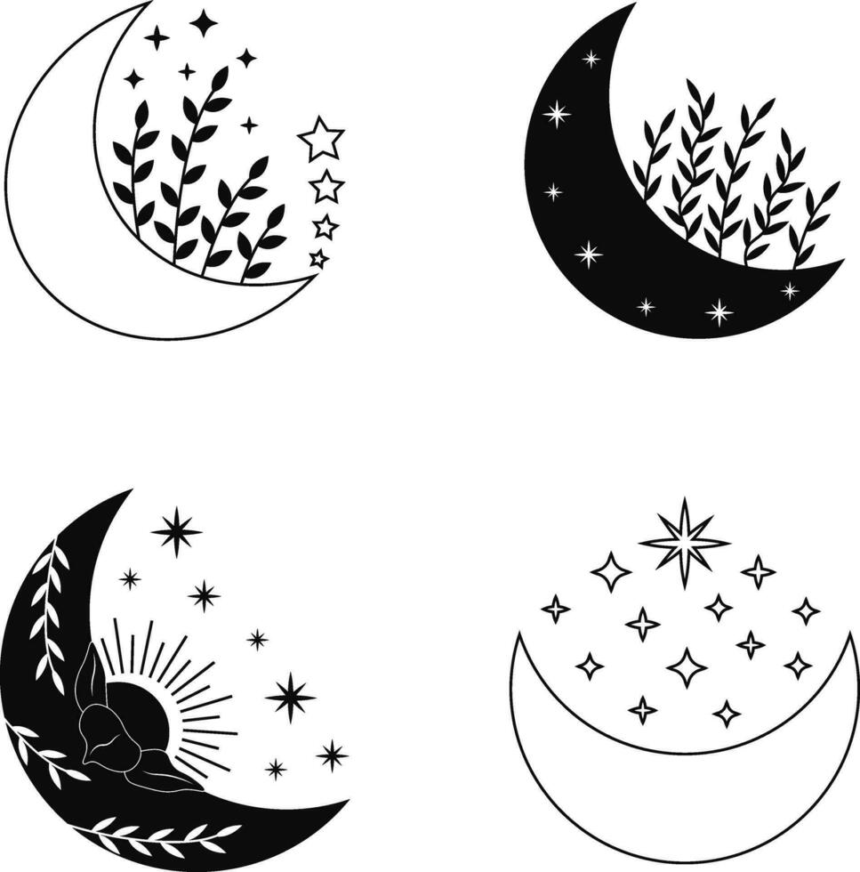 Celestial Moon Decoration With Mystic Design. Vector Illustration Set.