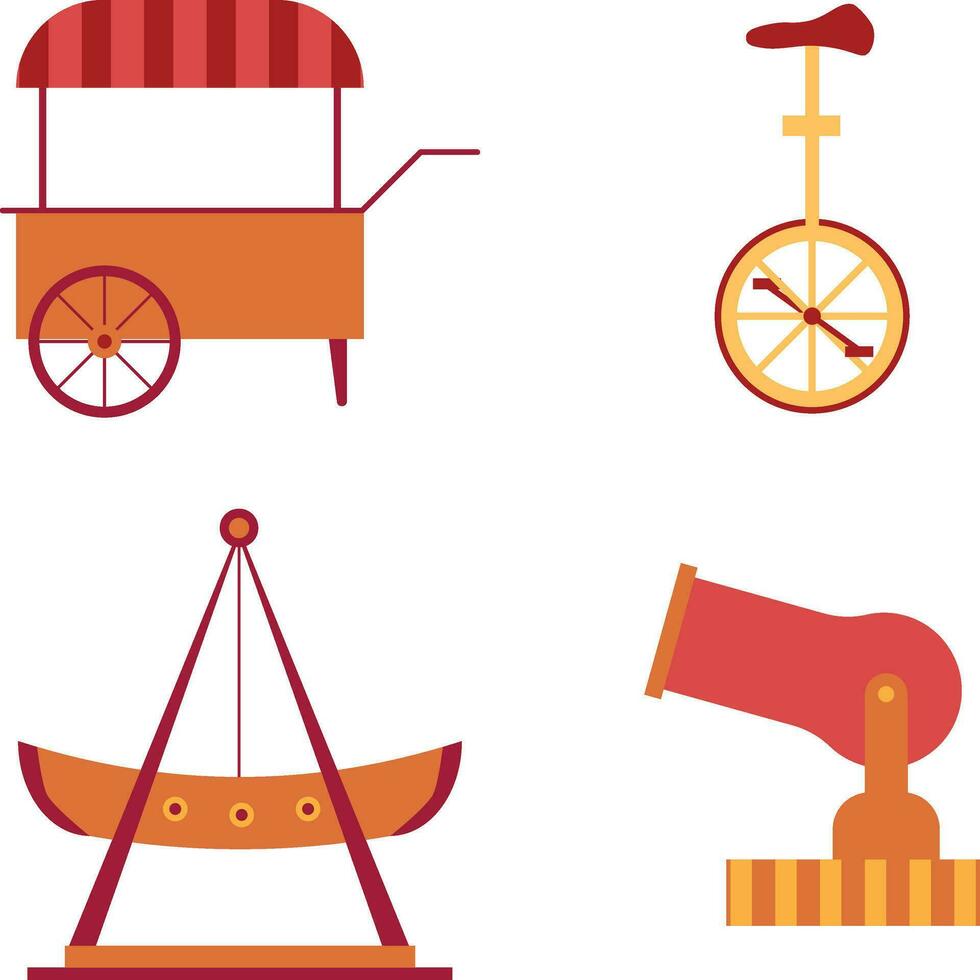 Vintage Carnival Circus In Flat Cartoon Design. Isolated Vector Set.