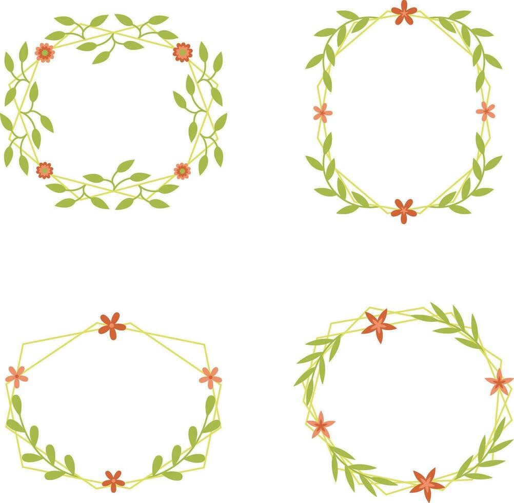 Floral Polygon Frame With Geometric Design. Isolated Vector Set