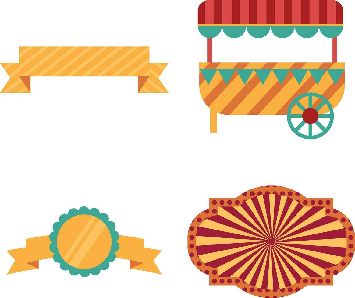 Vintage Carnival Circus In Flat Cartoon Design. Isolated Vector Set.
