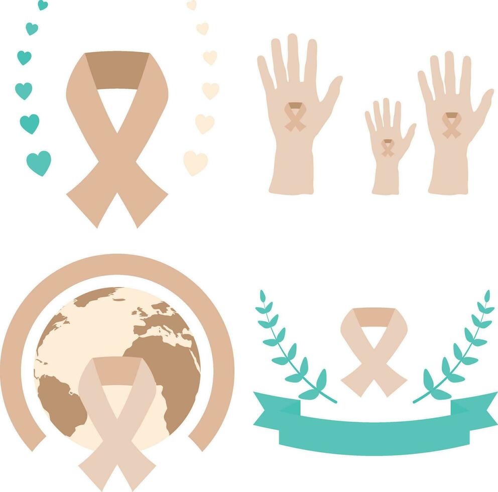 World Cancer Free Day Icon Set. With Ribbon and Hand. Vector Illustration.