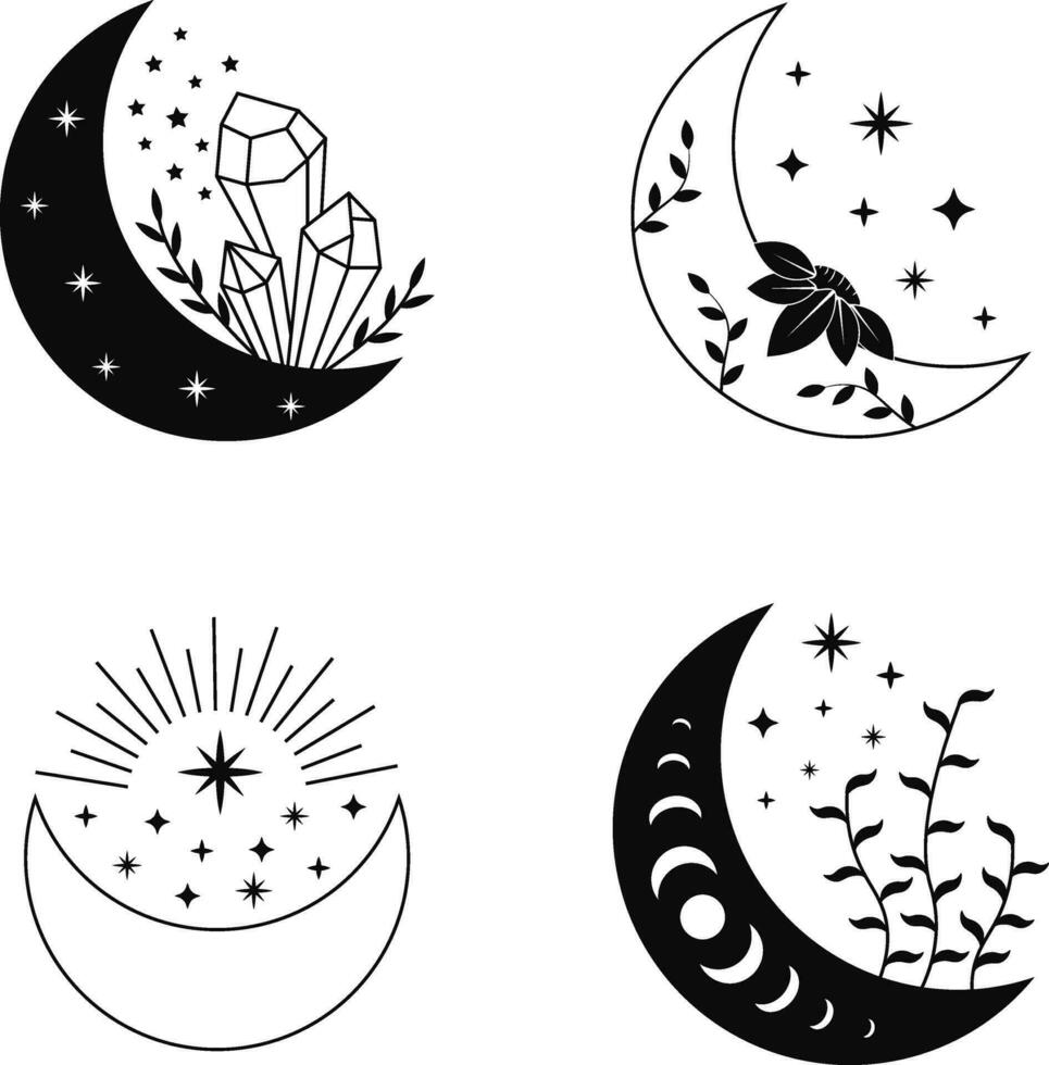 Celestial Moon Decoration With Mystic Design. Vector Illustration Set.
