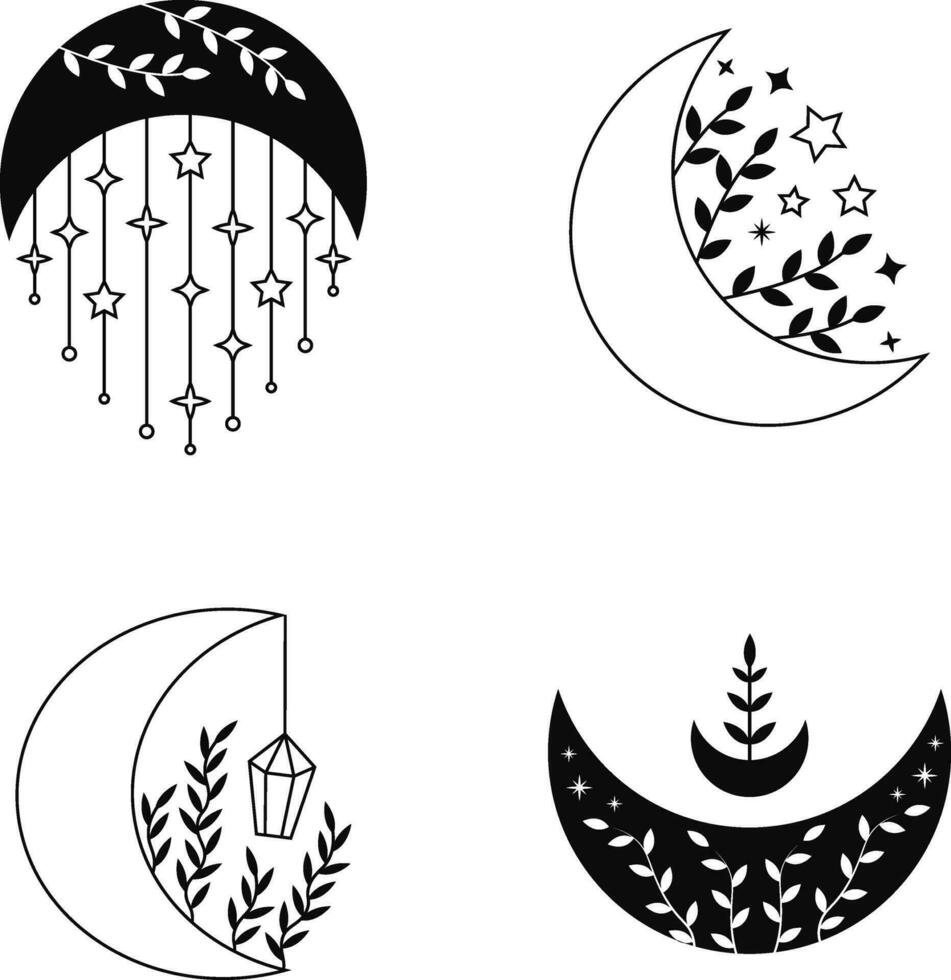 Celestial Moon Decoration With Mystic Design. Vector Illustration Set.