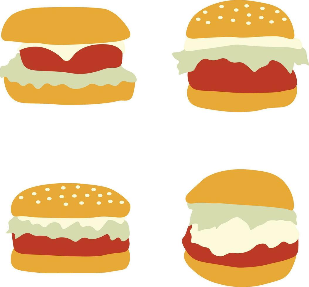 Burger Food Illustration WIth Flat Design. Isolated Vector Set.