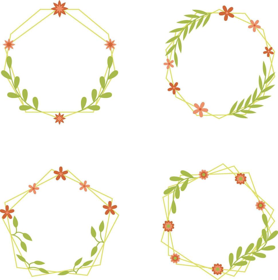 Floral Polygon Frame With Geometric Design. Isolated Vector Set