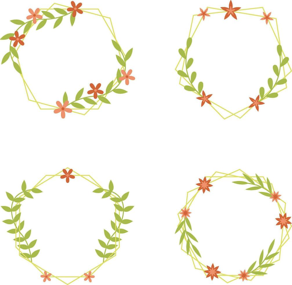 Floral Polygon Frame With Geometric Design. Isolated Vector Set