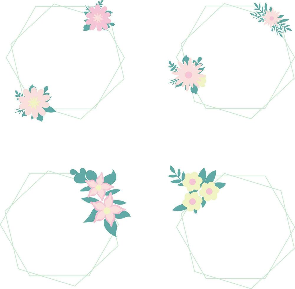 Floral Polygon Frame For Wedding Invitation Background. Vector Illustration Set.