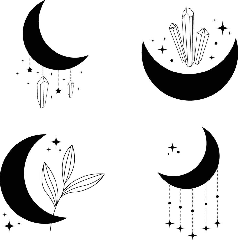 Celestial Moon Decoration With Different Design Style. Isolated On White Background. Vector Illustration Set.