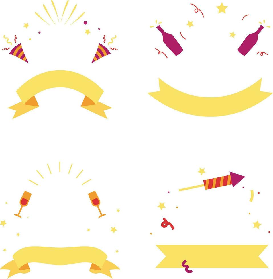 New Year Badge Icon Set. With Confetti, Hat, Ribbon, etc. Vector Illustration.