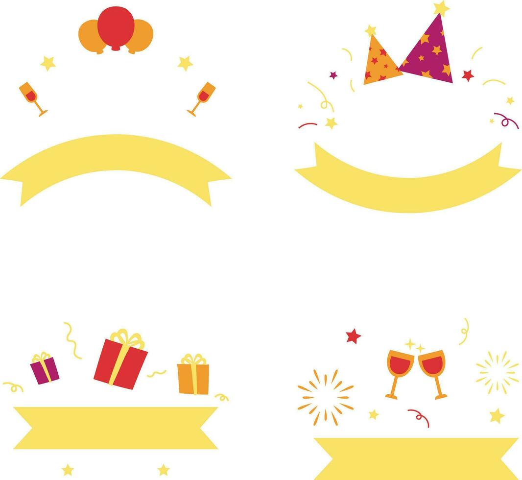 New Year Badge Icon Set. With Confetti, Hat, Ribbon, etc. Vector Illustration.