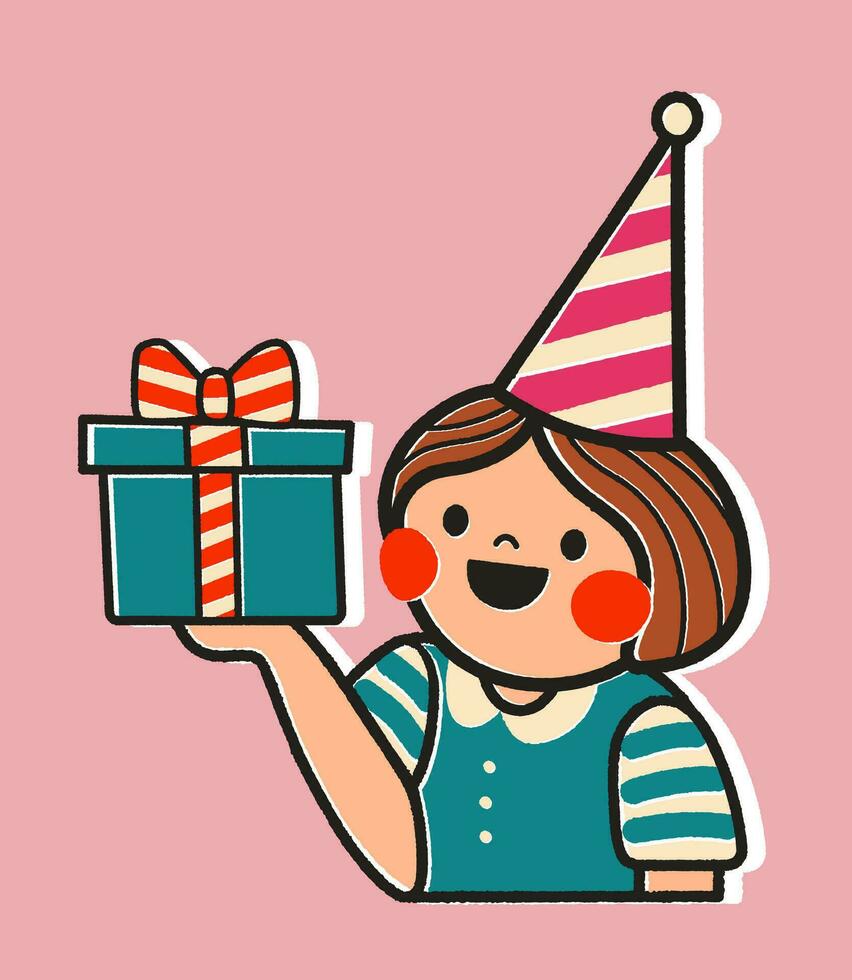 Birthday card with cartoon girl holding a gift box illustration on pink background. Sticker style greeting card in retro style. Cute postcard for child or design for your brand. vector