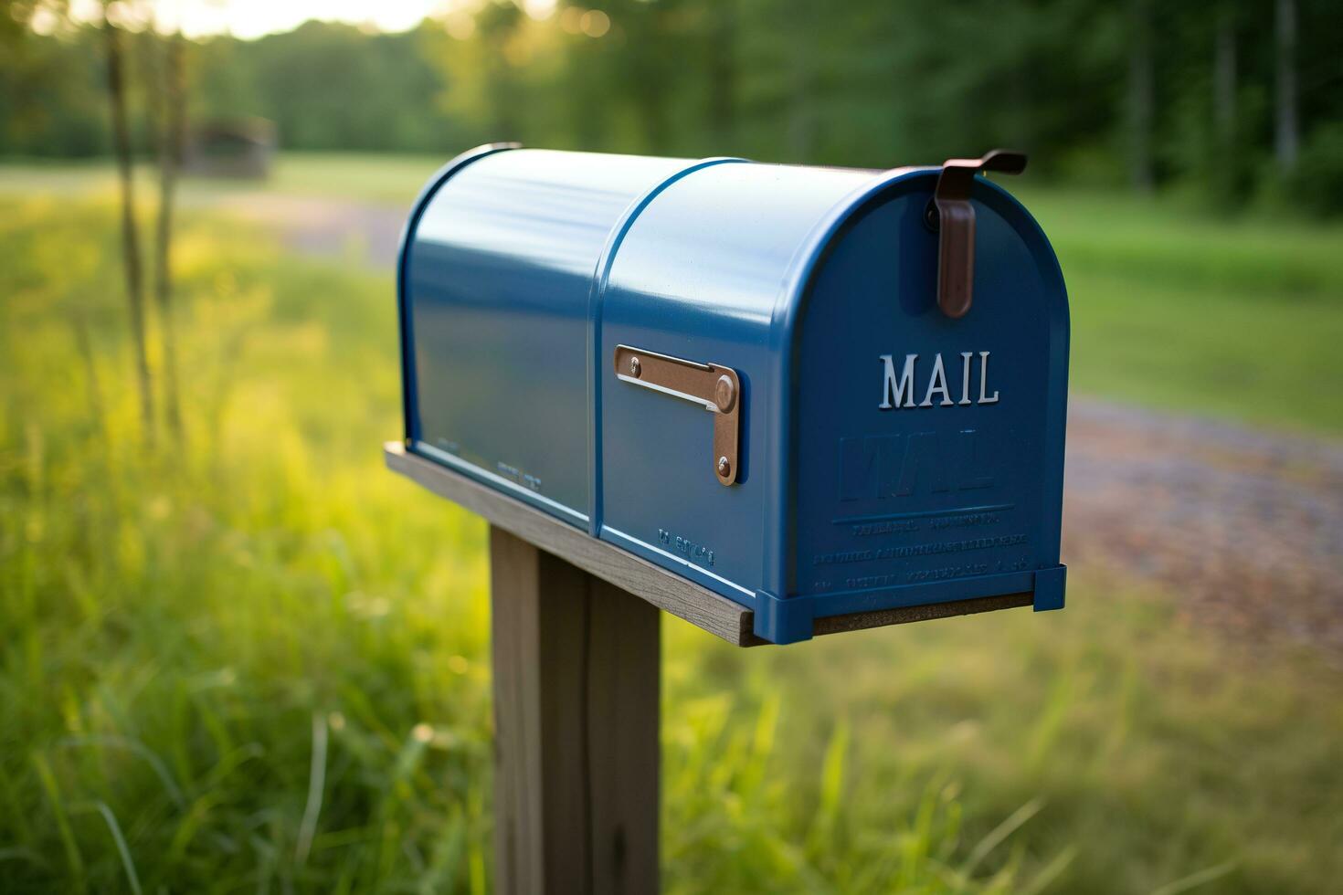 Blue mailbox by the road with a blurred background. Generated by artificial intelligence photo