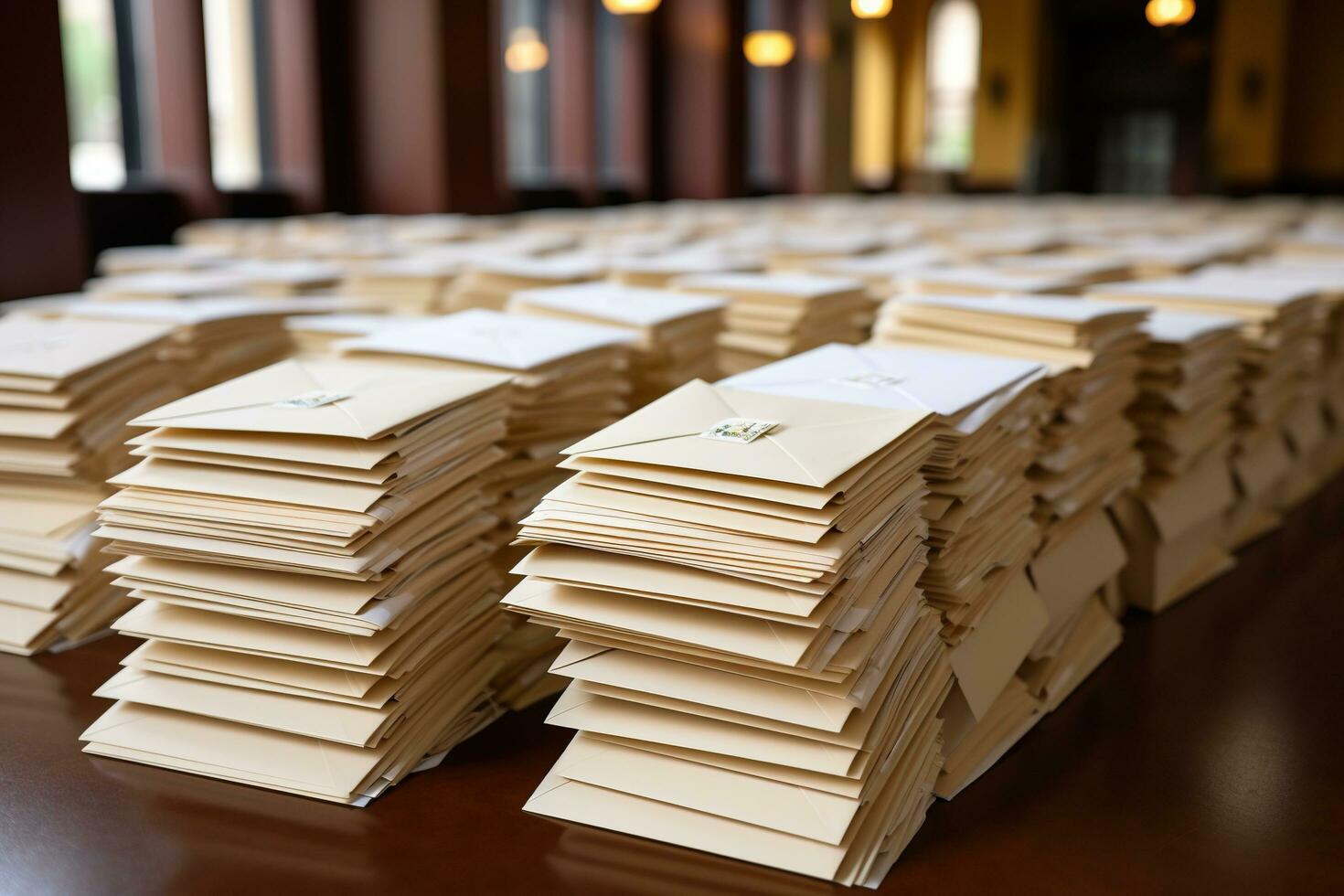 Many stacks of envelopes for letters on a wooden table. Generated by artificial intelligence photo