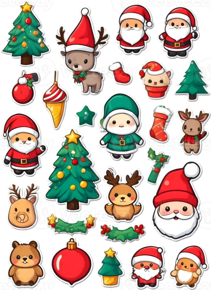 christmas stickers set with santa claus, reindeer, christmas tree, and png