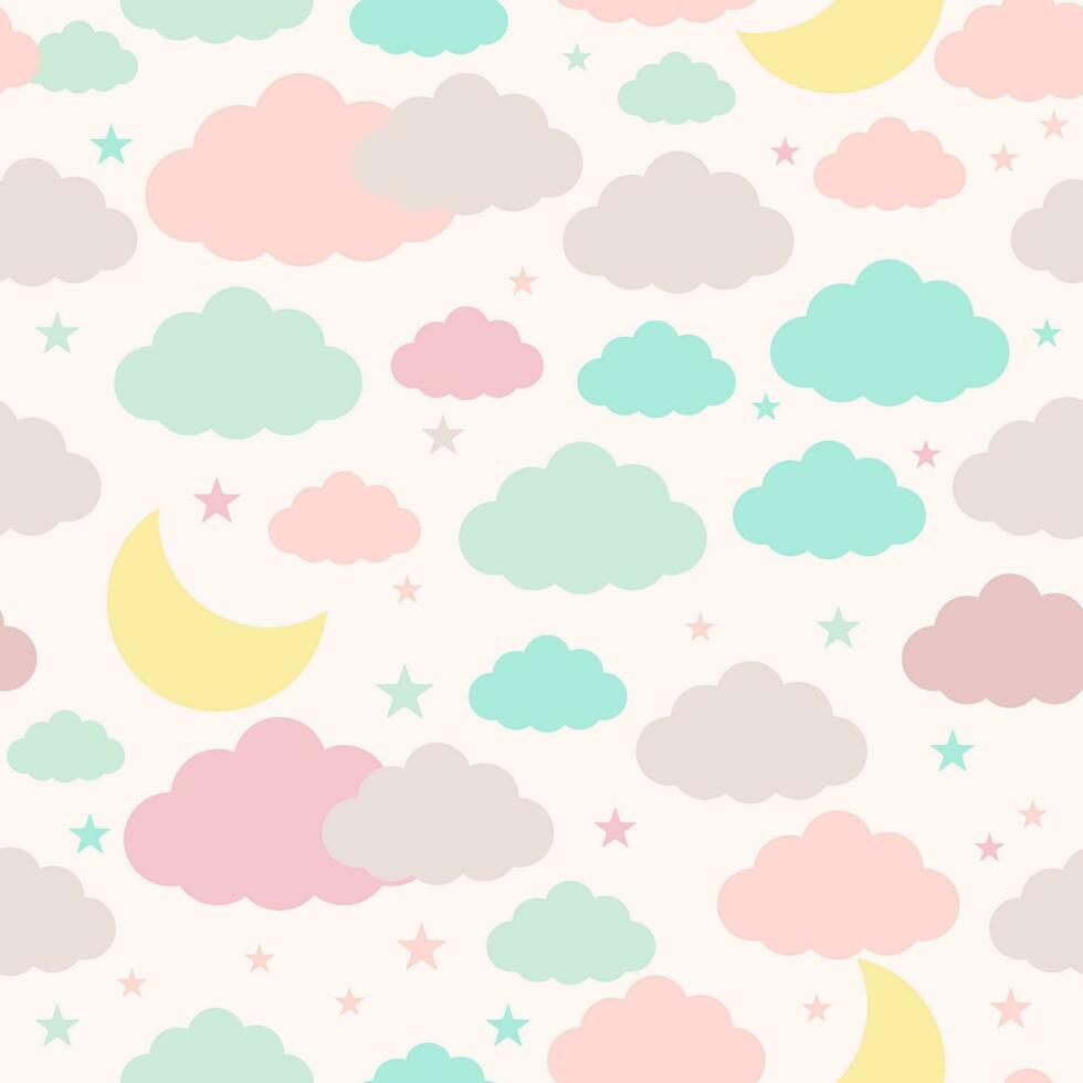 Seamless childish pattern with moon clouds and stars vector
