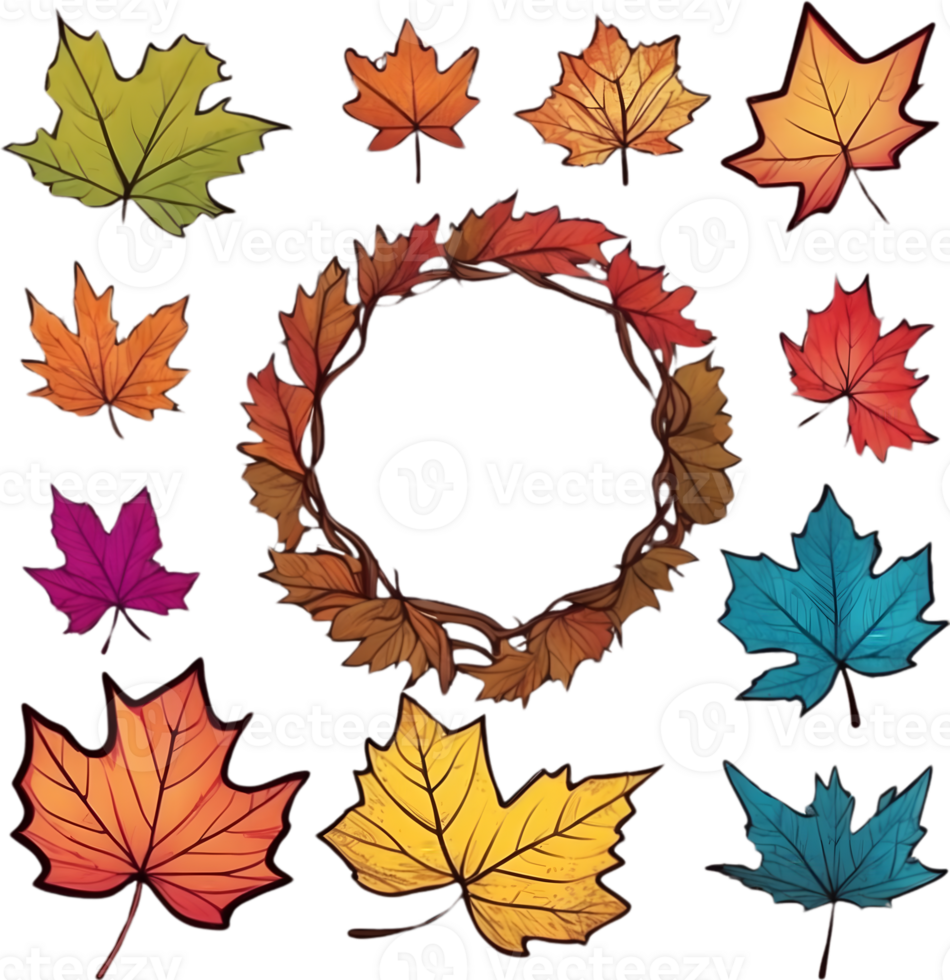 set of autumn leaves and wreaths illustration ai generative png