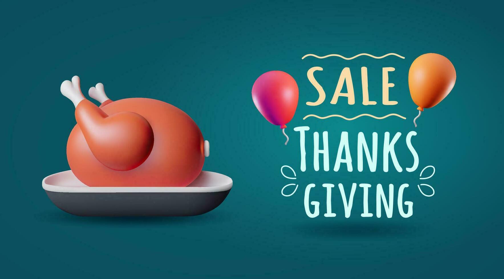 Thanksgiving sale banner with 3d roast turkey on a dish and air balloons. 3d stylized vector illustration for sale event