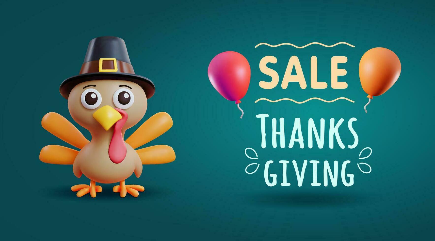 Thanksgiving sale banner with 3d cute turkey character in pilgrim hat and air balloons. 3d stylized vector illustration for sale event