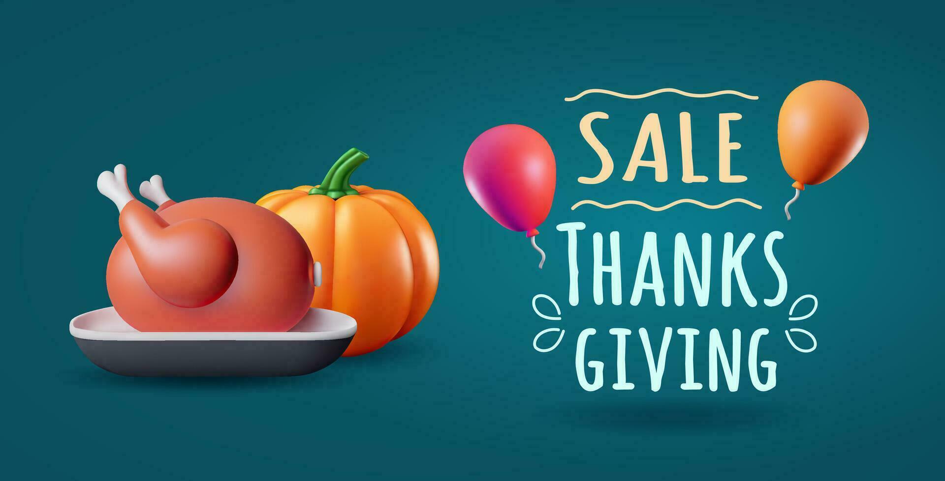 Thanksgiving sale banner with 3d roast turkey, pumpkin and air balloons. 3d stylized vector illustration for sale event