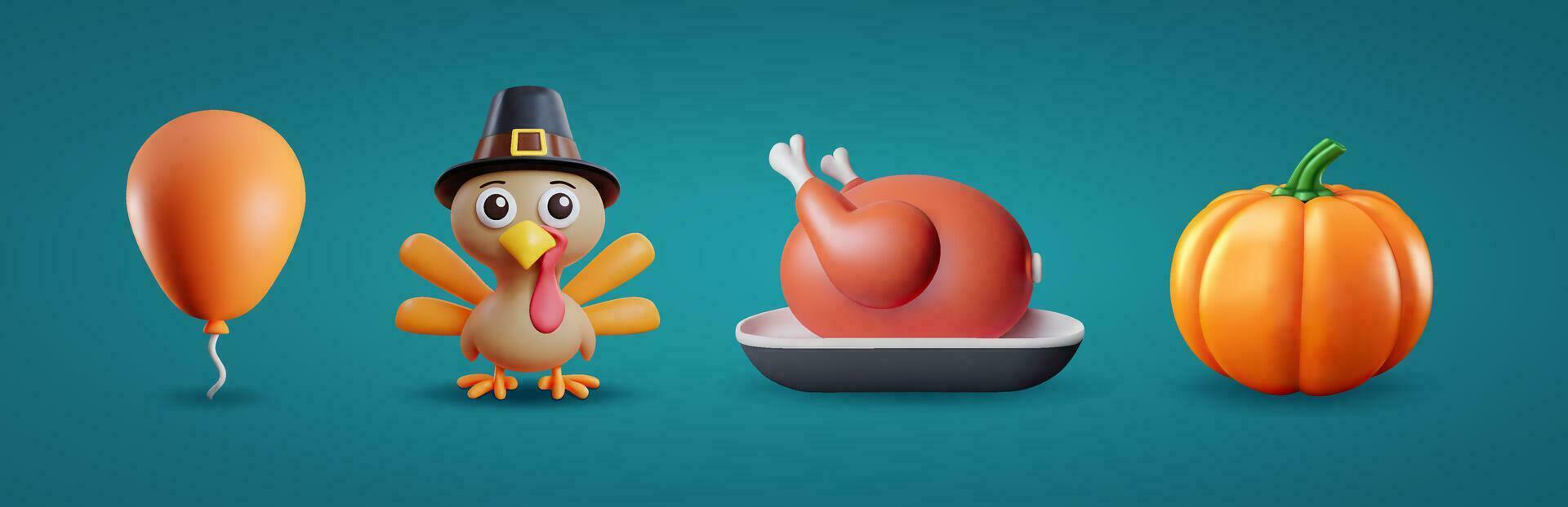 Thanksgiving 3D cartoon icons and objects. Thanksgiving vector illustrations set. 3D stickers collection. Cute Turkey character, roast turkey on a dish, air balloon and pumpkin.